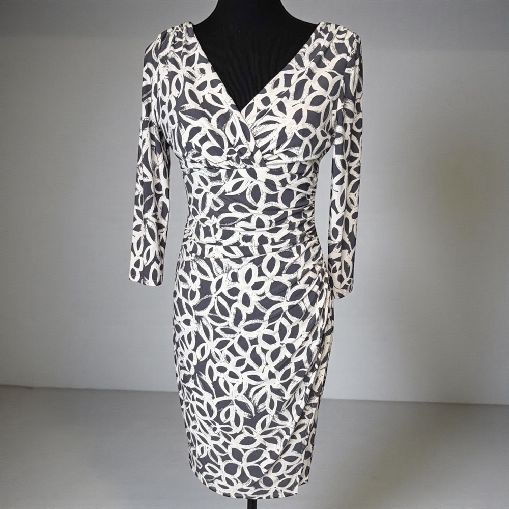 LAUREN RALPH LAUREN CREAM GRAY PRINT RUCHED SHEATH DRESS SIZE 4